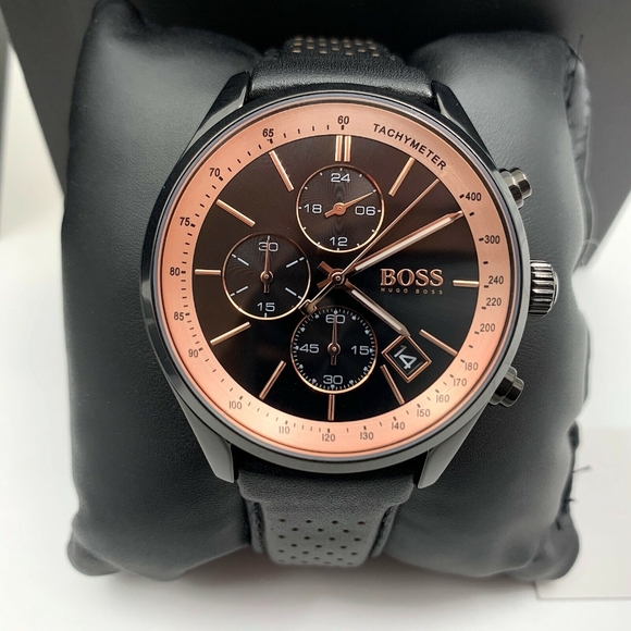 Hugo Boss Other - HUGO BOSS Grand Prix Mens Chronograph Watch 1513550 Black Leather Rose Gold Dial
